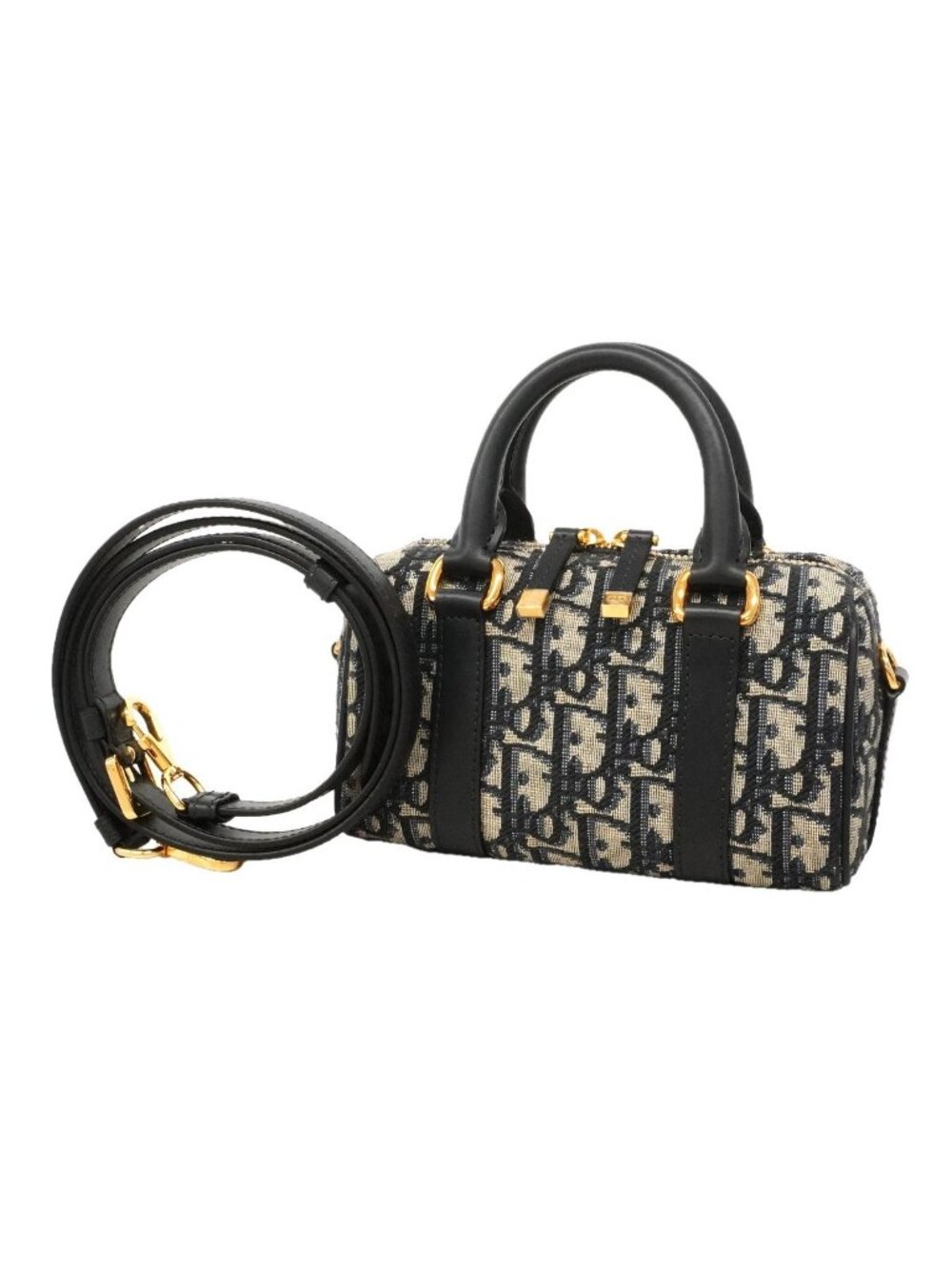 Dior Handbag Oblique Groove Noisano Canvas Navy Gold 2-Way Bag